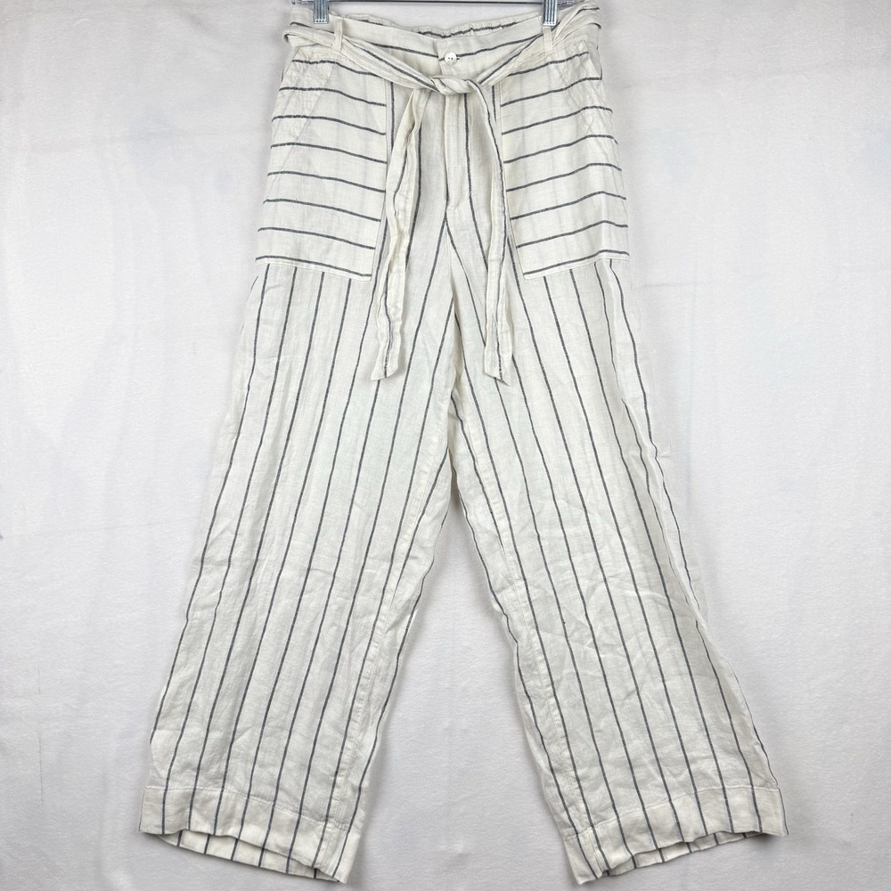 H‎ by Halston Women's 100% Linen Wide Leg Pants Blue Off White Stripped Size 10